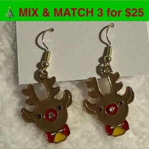CE04 - Reindeer Christmas Earrings, Gold-tone, Brown, Red, Yellow
